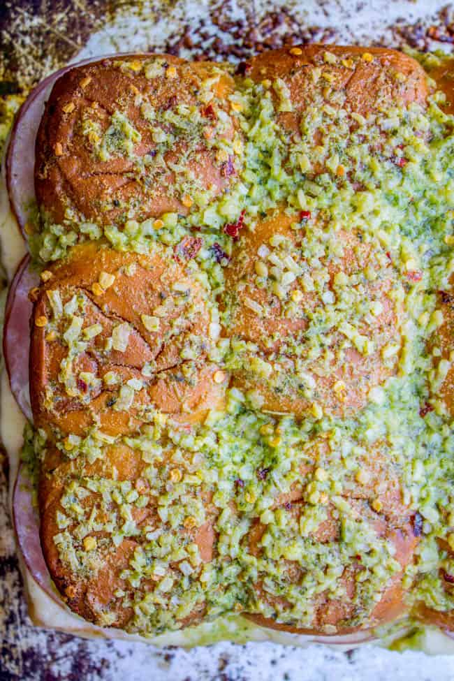 Canadian Bacon and Havarti Cheese Sliders with Pesto Glaze from The Food Charlatan