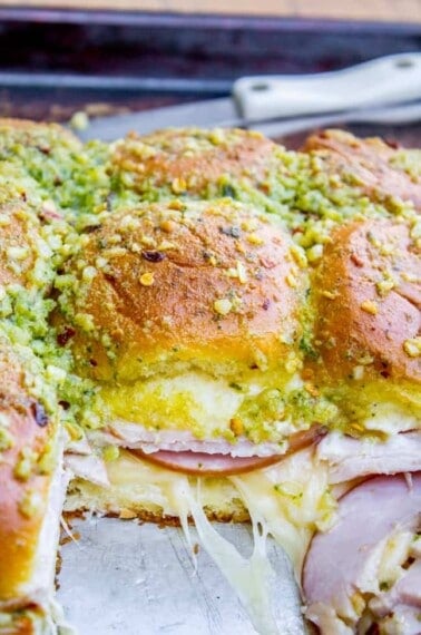 Canadian Bacon and Havarti Cheese Sliders with Pesto Glaze from The Food Charlatan