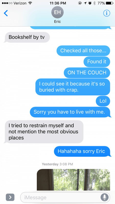 text between spouses about finding a planner on the couch.