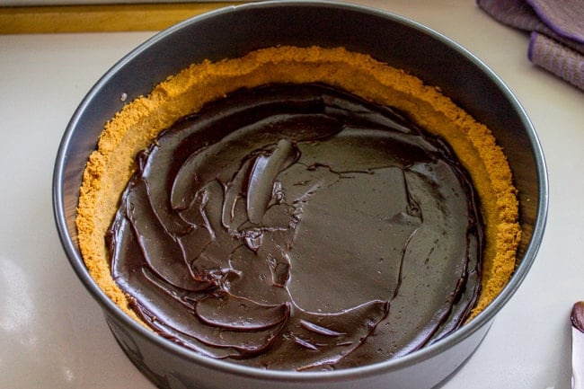 hot fudge spread into a Nutter Butter crust in a springform pan.