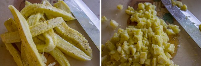 the baked flesh of zucchini chopped up with a knife.
