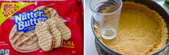 a package of Nutter Butters; pressing crushed Nutter Butters into a springform pan.