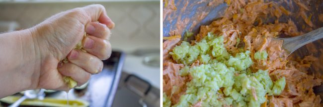 squeezing out the water from baked zucchini and buffalo chicken dip wiht zucchini mixed in.