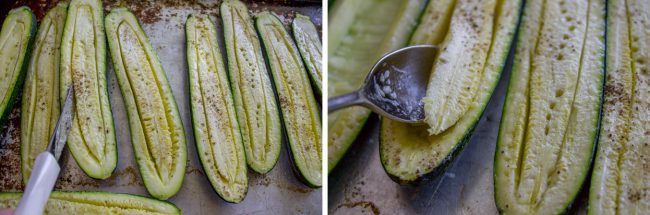 par baked zucchini, with a spoon scooping out the flesh.