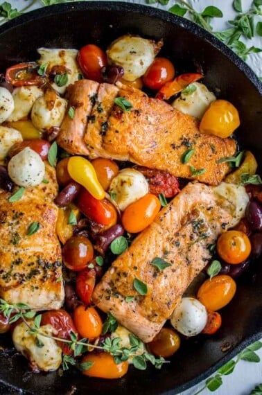 Pan-Seared Salmon with Cherry Tomatoes and Mozzarella (30 Minutes) from The Food Charlatan
