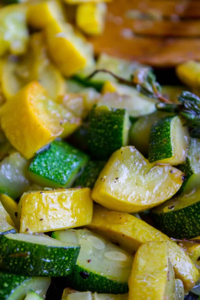 close of up sauteed zucchini and squash. 