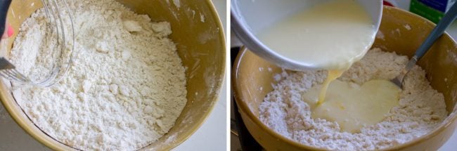 a bowl of flour, adding buttermilk.