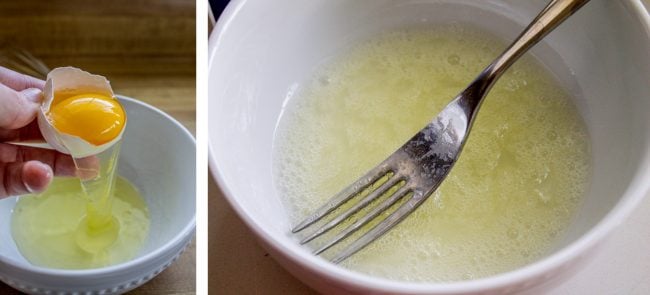 separating an egg, whisking it in a bowl.
