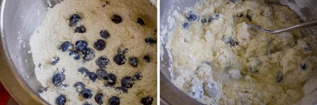 mixing batter for blueberry muffins.