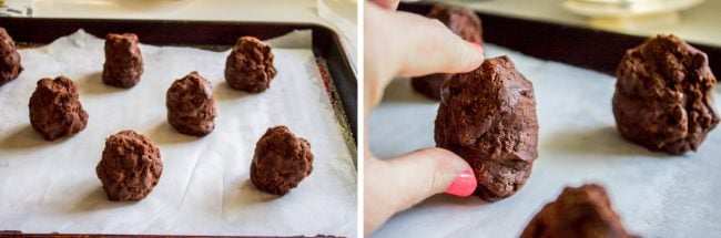 shaping chocolate cookie dough on a baking pan.