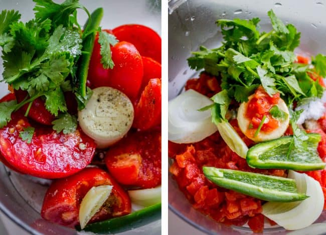 cilantro, jalapeno, onions, tomato, and garlic in a bowl. 