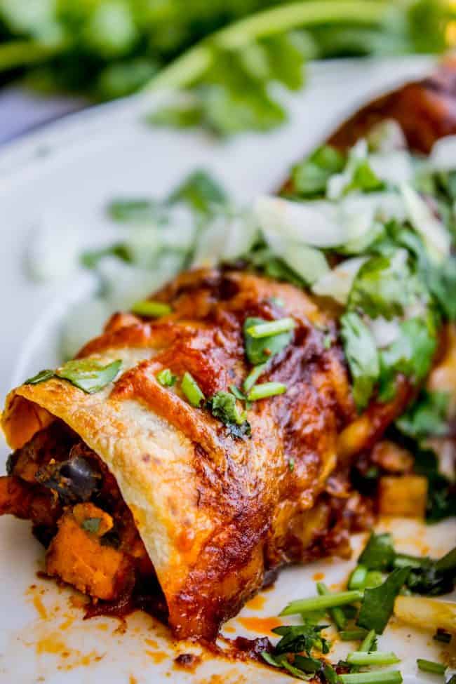 a single sweet potato and black bean enchilada on a plate with cilantro and onions.