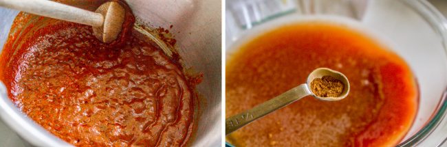 stirring and adding spices to red enchilada sauce.