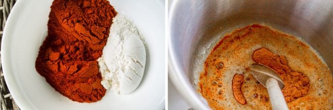 adding spices to a bowl, blooming the spices in a pan.