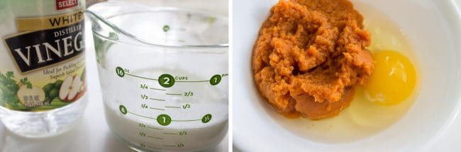 homemade vinegar in a measuring cup and pumpkin filling in a bowl with an egg.