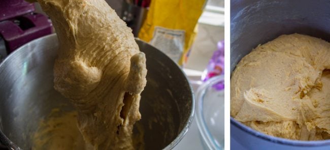 Pumpkin cinnamon roll batter in a mixing bowl.