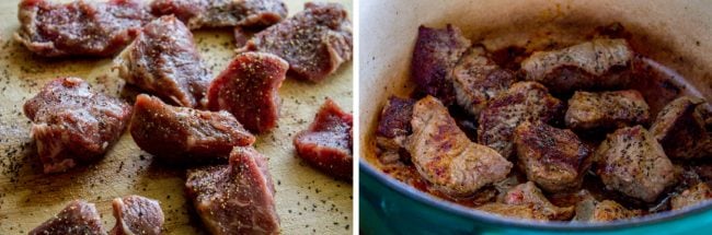Slow Cooker Beef Curry from The Food Charlatan. This slow cooker beef curry could not be easier! Thick chunks of slow-cooked, tender beef, in a rich and thick curry sauce that is just waiting to be scooped up with some naan. #curry #beef #beefcurry #indian #indianfood #yellow #rice #naan #cilantro #tender #crockpot #slowcooker browning chunks of beef for curry.
