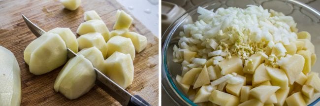 Creamy Mashed Potatoes from The Food Charlatan. My Aunt Shirley is famous for her mashed potatoes! They are SO creamy, fluffy, and have TONS of flavor. They are like soft pillowy clouds that melt in your mouth. I could describe them forever but you're just going to have to make them! A very unique recipe. #potatoes #mashed #creamy #butter #thanksgiving #comfortfood #creamcheese #easy #garlic #homemade #mashedpotatoes cutting peeled potatoes and combining them with onions and garlic in a glass bowl.