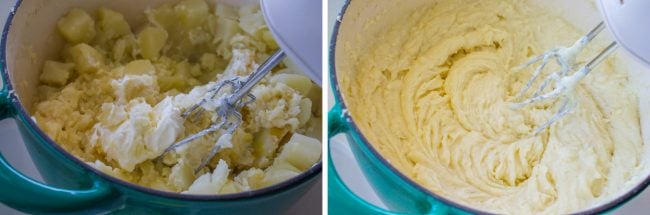 Creamy Mashed Potatoes from The Food Charlatan. My Aunt Shirley is famous for her mashed potatoes! They are SO creamy, fluffy, and have TONS of flavor. They are like soft pillowy clouds that melt in your mouth. I could describe them forever but you're just going to have to make them! A very unique recipe. #potatoes #mashed #creamy #butter #thanksgiving #comfortfood #creamcheese #easy #garlic #homemade #mashedpotatoes blending mashed potatoes with a hand mixer.