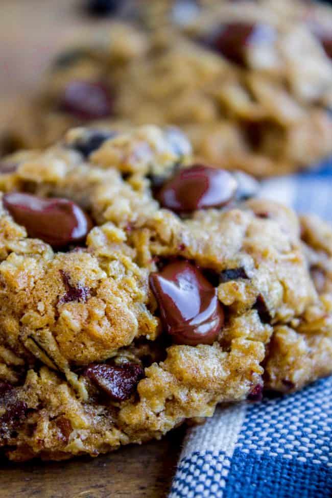 Dark Chocolate Cherry Oatmeal Cookies on a blue napkin.