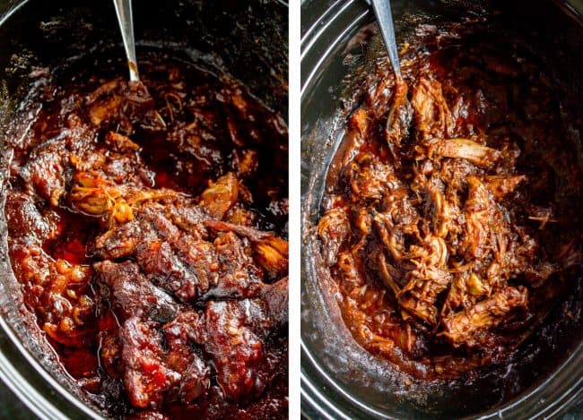 Shredded pork in Slow Cooker with spoon. 