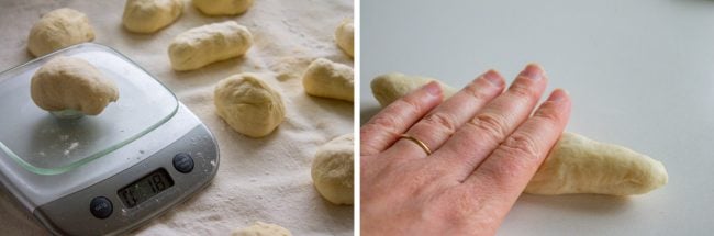 Garlic Knots Recipe from The Food Charlatan. These Garlic Knots are the perfect rolls for your Thanksgiving (or Easter) table! They are chewy and soft, and have TONS of garlicky, buttery flavor! You can't eat just one. (At least I can't. A batch of these rolls is basically a meal for me.) #garlic #bread #knots #rolls #homemade #fromscratch #dinner #holidays #thanksgiving #easter #frozen Weighing dough for evenly sized garlic knots.