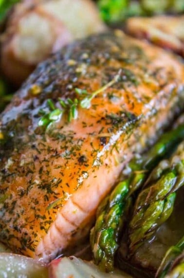 close up of easy salmon recipe with potatoes and asparagus