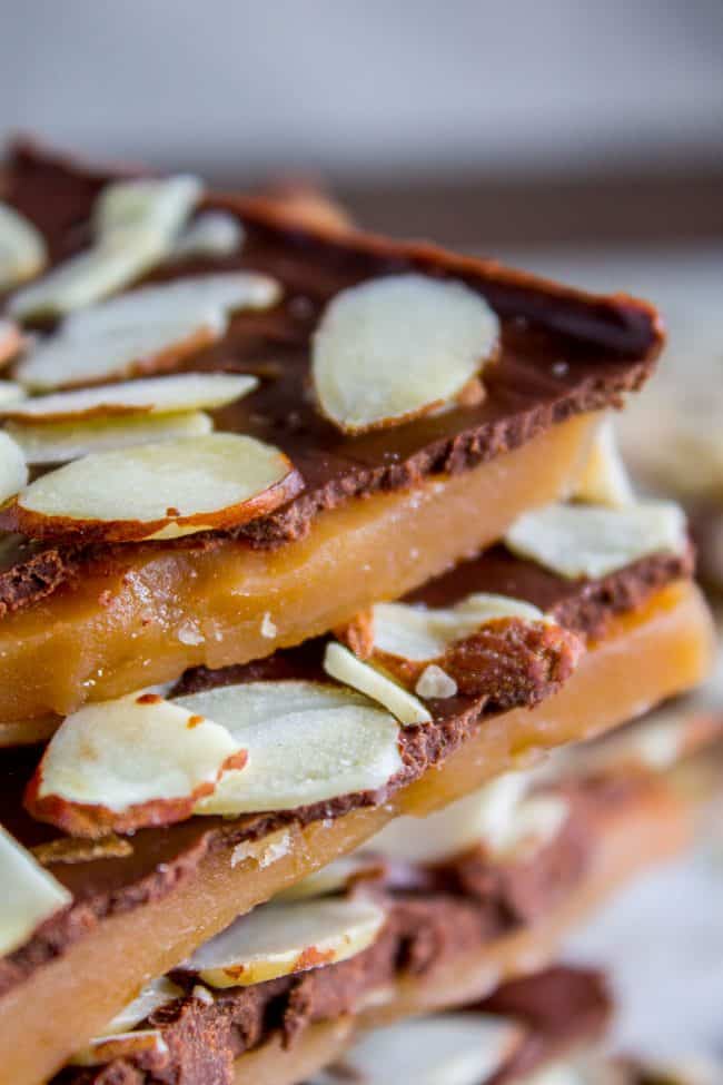 The Best Homemade English Toffee Recipe by The Food Charlatan. This is the BEST homemade English Toffee Recipe, hands down! This is such an easy and QUICK treat to make for the Christmas holidays. You don't even need a candy thermometer! #toffee #English #candy #Christmas #easy #homemade #tutorial #recipe #almonds English Toffee Recipe with Almonds