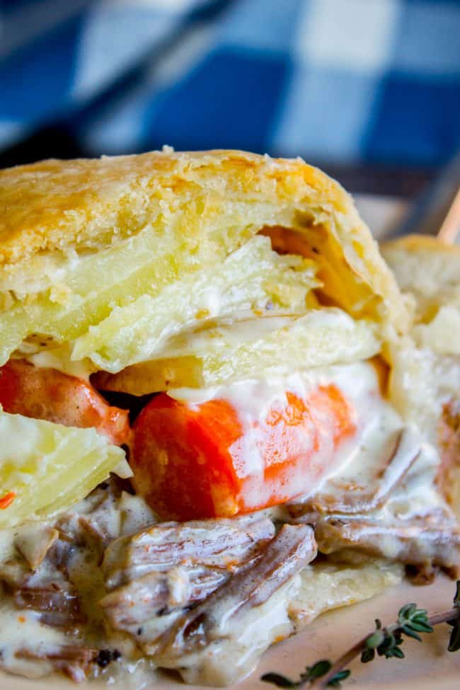 close up shot of beef and carrot pie.