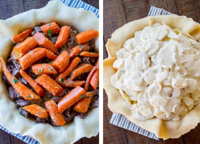beef, carrots, and potatoes in a pie crust.