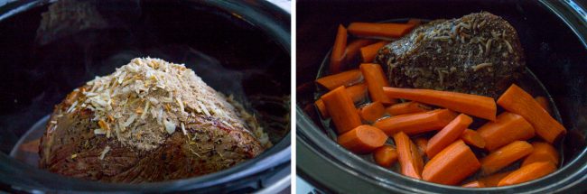 Pot roast with onion soup mix in slow cooker.