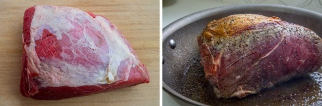 raw chuck roast next to seared chuck roast. 