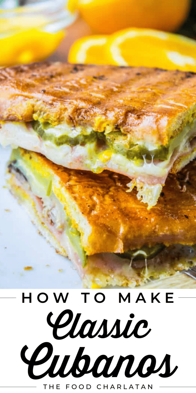 Cuban sandwiches cut in half and stacked.