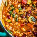 minestrone with sausage in a stock pot.