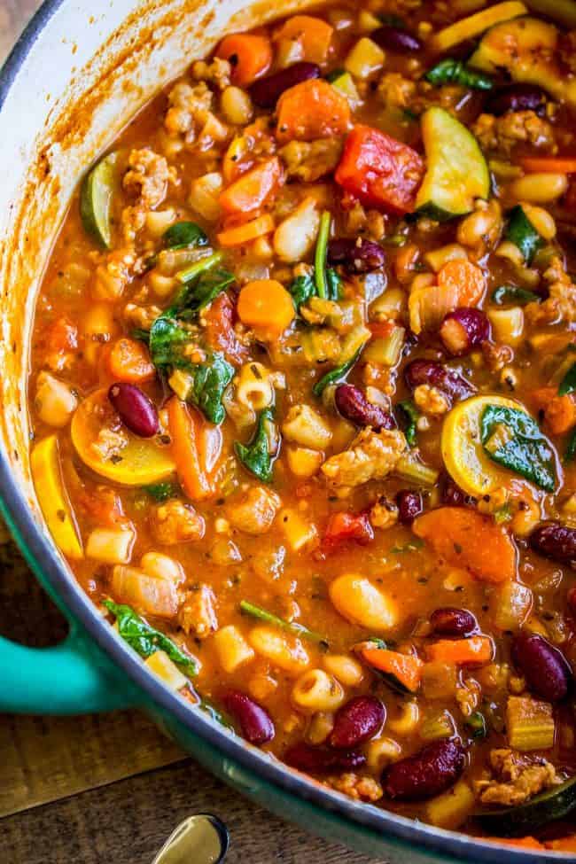 minestrone with sausage in a stock pot.