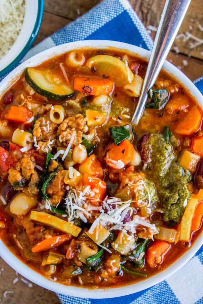 minestrone soup in a bowl with a spoon.