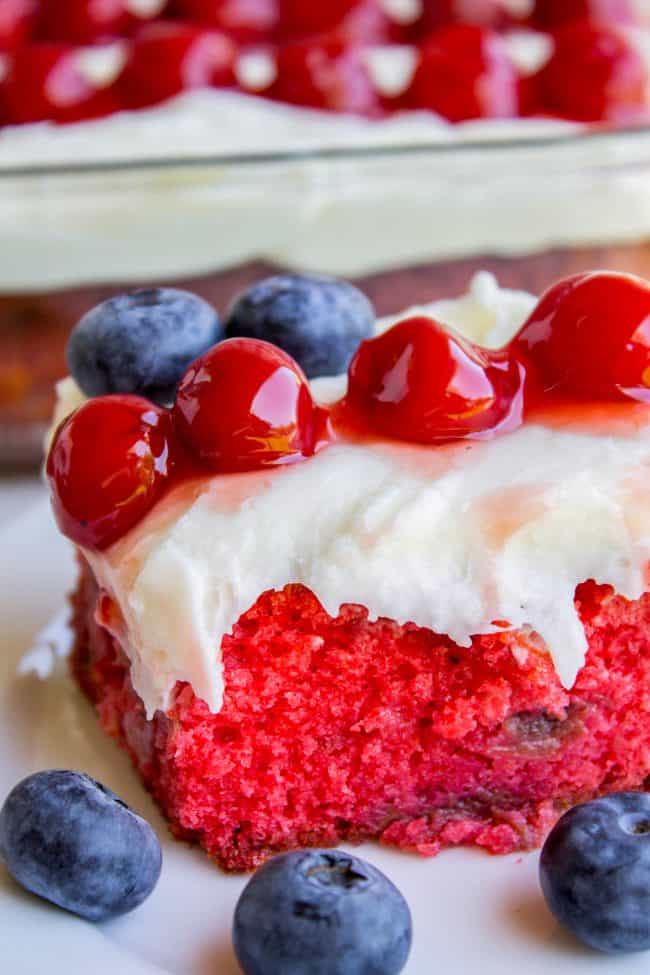 Patriotic Flag Cake with Blueberries and Cherries from The Food Charlatan. This cherry-studded flag cake is the perfect patriotic dessert to bring for a Memorial day or Fourth of July barbecue! Blueberries and cherries on top are super easy and so festive! #patriotic #flag #blueberries #cherry #cherrypie #cake #cherrycake #creamcheese #frosting #flag #flagcake #american #fourthofjuly #4thofjuly #memorialday slice of American flag cake with cherries and blueberries