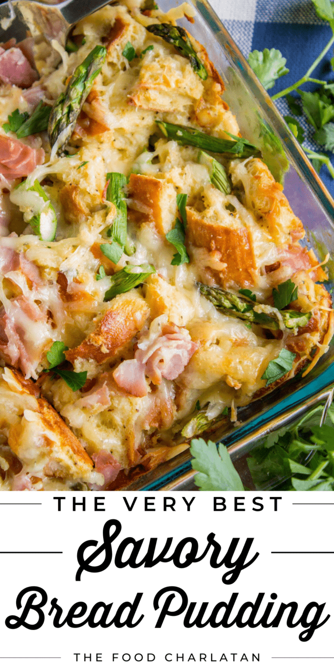 a glass pan of savory breakfast bread pudding.