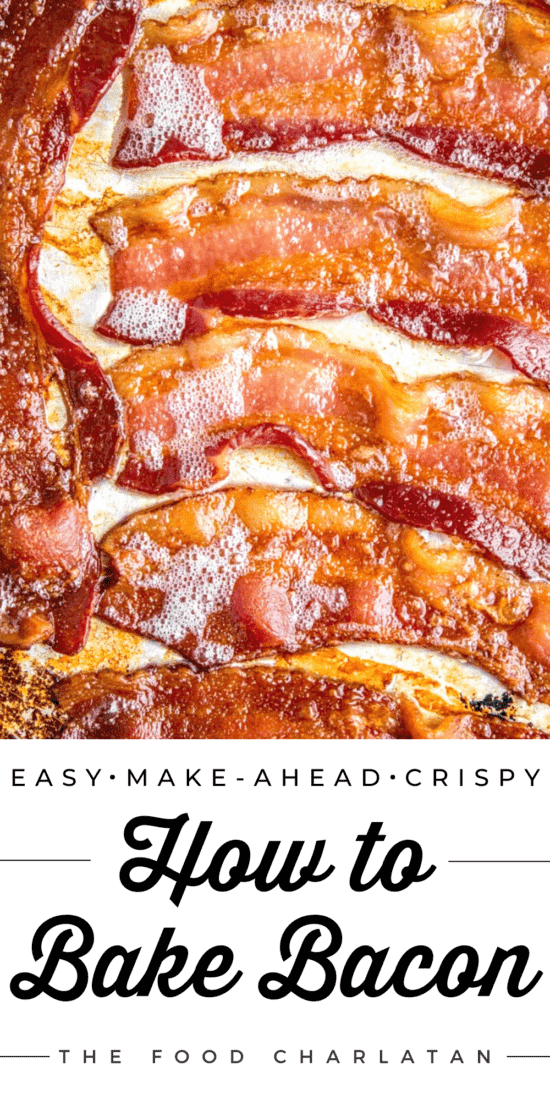 baked bacon lined up on a baking sheet