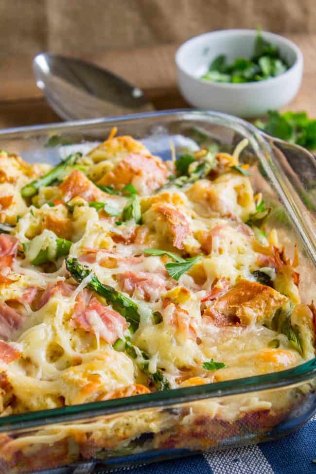 breakfast casserole with ham and eggs in a pyrex dish.