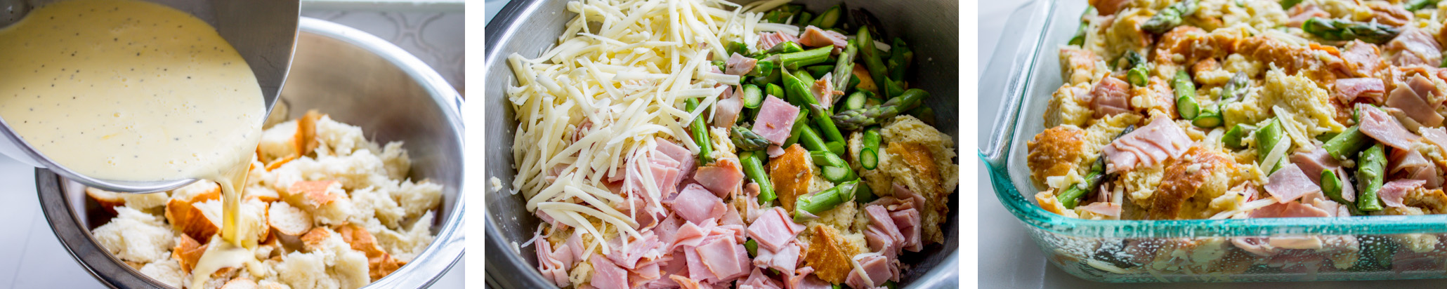 pouring egg and cream mixture onto torn bread, ingredients for casserole in a bowl, and ingredients for casserole layered in a baking pan.
