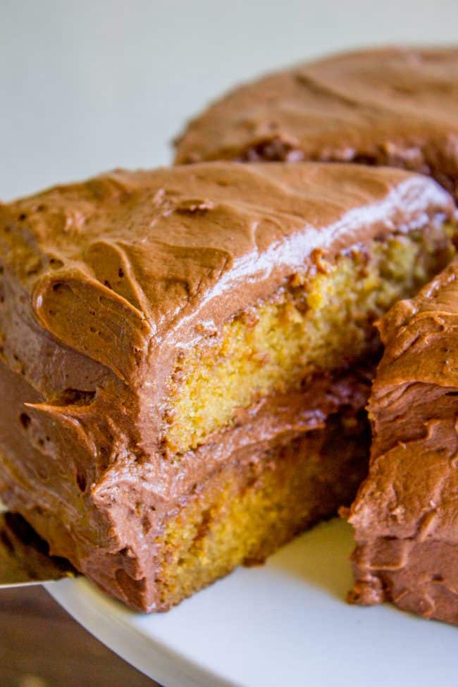 Brown Sugar Yellow Cake with Chocolate Frosting from The Food Charlatan. The BEST moist yellow cake recipe I've ever had, probably because there is one unusual ingredient: brown sugar. It makes the cake less traditional but a lot more MOIST. (Hallelujah!) I'm in love with this brown sugar yellow cake and the ridiculous amount of chocolate frosting that goes with it. #cake #yellowcake #frosting #chocolatefrosting #homemade #recipe #fromscratch #moist #withchocolatefrosting #easy #icing #dessert #layer #layercake #birthday #birthdaycake brown sugar yellow cake with chocolate frosting.