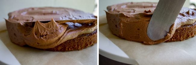 Brown Sugar Yellow Cake with Chocolate Frosting from The Food Charlatan. The BEST moist yellow cake recipe I've ever had, probably because there is one unusual ingredient: brown sugar. It makes the cake less traditional but a lot more MOIST. (Hallelujah!) I'm in love with this brown sugar yellow cake and the ridiculous amount of chocolate frosting that goes with it. #cake #yellowcake #frosting #chocolatefrosting #homemade #recipe #fromscratch #moist #withchocolatefrosting #easy #icing #dessert #layer #layercake #birthday #birthdaycake how to spread chocolate frosting on a cake.