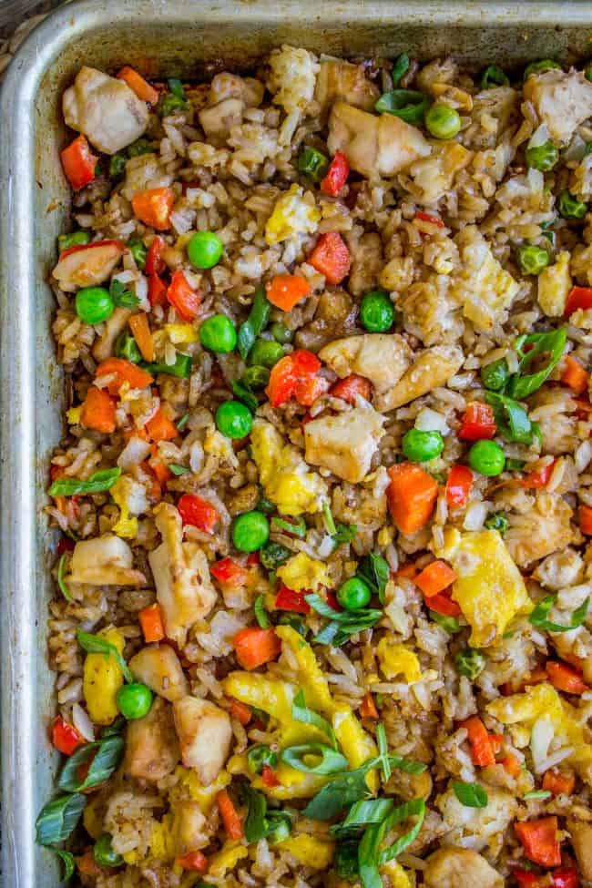 Sheet pan fried rice cooked and ready to eat.
