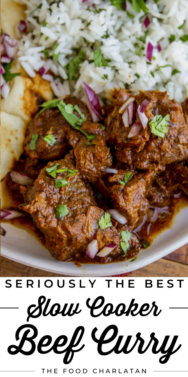 beef curry with rice and cilantro.