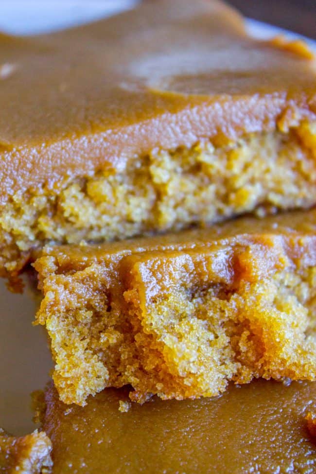 Caramel Cake with Caramel Icing Recipe from The Food Charlatan. Have you ever made a Caramel Cake with Caramel Icing recipe? It's a classic Southern treat! But instead of a layer cake, I made it into a thin sheet cake. Less time baking, more time eating, I say! It's really easy to put together. #southern #icing #recipe #caramel #frosting #cake #sheetcake #oldfashioned #easy #homemade caramel cake recipe close up of cake squares