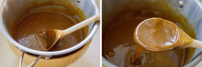 Caramel Cake with Caramel Icing Recipe from The Food Charlatan. Have you ever made a Caramel Cake with Caramel Icing recipe? It's a classic Southern treat! But instead of a layer cake, I made it into a thin sheet cake. Less time baking, more time eating, I say! It's really easy to put together. #southern #icing #recipe #caramel #frosting #cake #sheetcake #oldfashioned #easy #homemade caramel frosting recipe in a pot, cooling after boiling