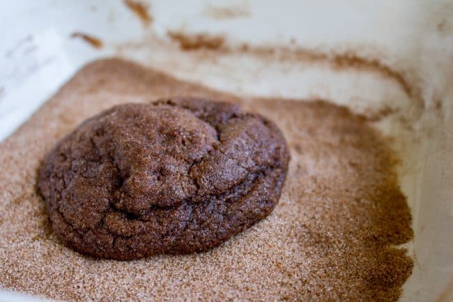 a hot chocolate cookie getting sprinkled with cinnamon sugar. 