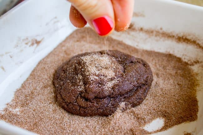 chocolate snickerdoodles in cinnamon sugar.