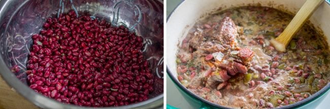 Red Beans and Rice (Better Than Popeye's!) from The Food Charlatan. Have you ever had traditional Red Beans and Rice? It's a southern staple! I tried Popeye's Red Beans and Rice for the first time a while back, but these beans are even better. They are so creamy and flavorful, with the perfect smoky Cajun spice! #redbeansandrice #riceandbeans #beans #rice #ham #hambone #smokey #traditional #southern #cajun #neworleans #popeyes #recipe #easy #stovetop #authentic #withham #Louisiana #best #creamy uncooked red beans in a bowl, red beans in a pot with a ham hock and vegetables.